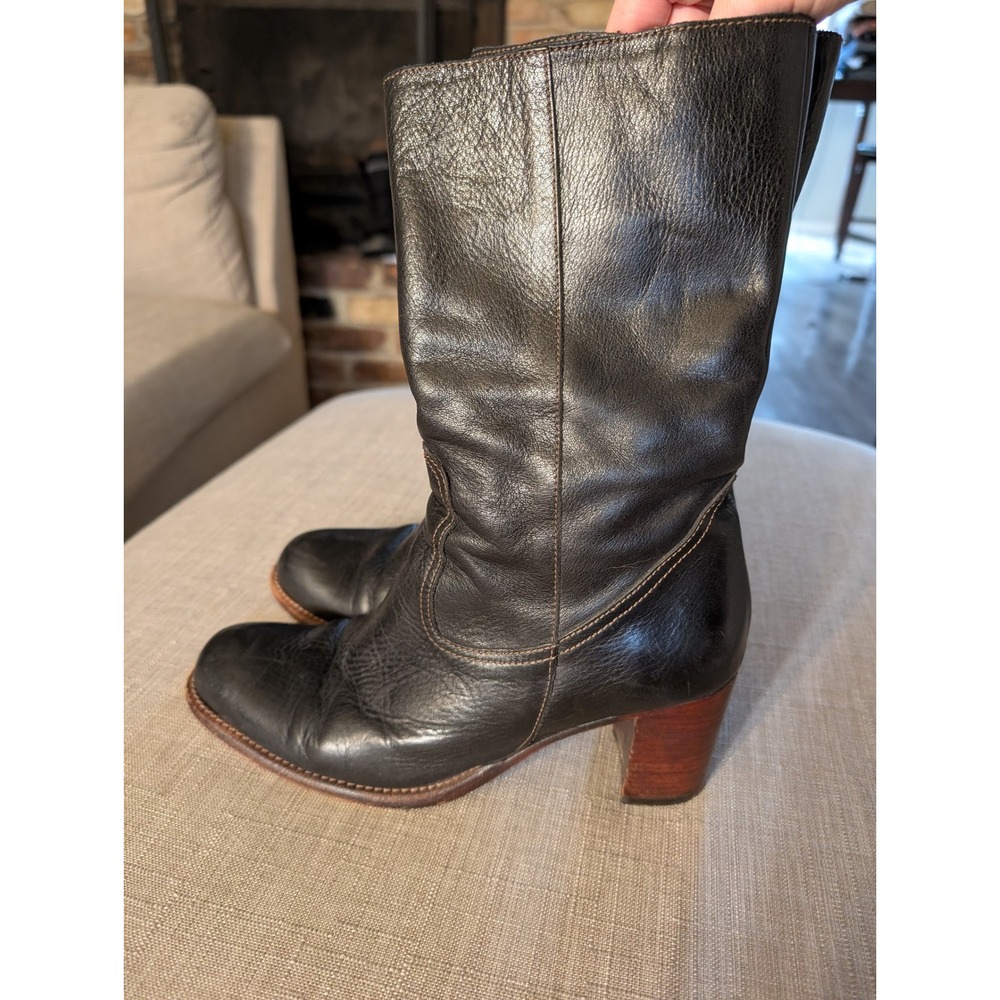 Handmade Argentine Leather Boots Womens 39 Black Mid Calf Stacked Heel Zip VTG‎